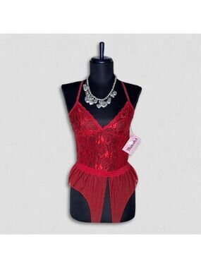 Lace Floral Babydoll Bodysuit Sheer Mesh Red Small
